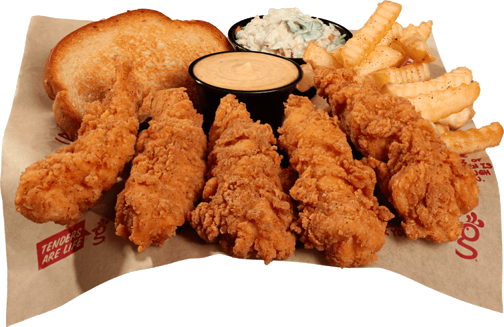 Huey Magoo's 5-piece honey butter chicken meal with fries and biscuit - sign up for Magoo's Rewards.
