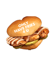 Valentine's Day 2024 Huey Magoo's Chicken Sandwich that says Only Have Fries 4 U with a pulse effect Sticker