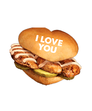 Valentine's Day 2024 Huey Magoo's Chicken Sandwich that says I Love You tilting left and right Sticker