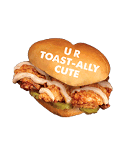 Valentine's Day 2024 Huey Magoo's Chicken Sandwich that says U R Toast-Ally Cute tilting left and right Sticker