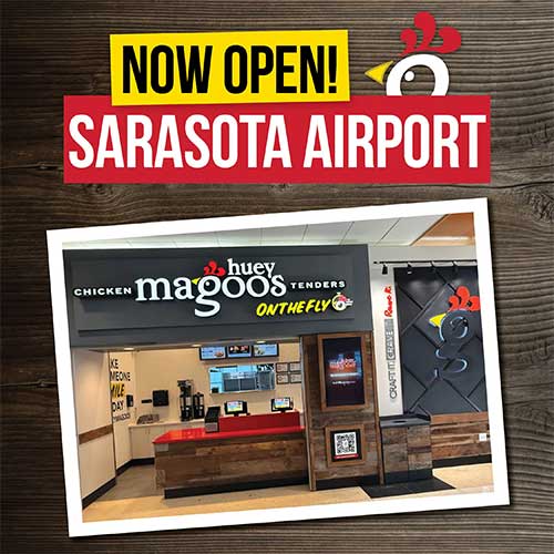 Huey Magoo’s new airport restaurant location and condensed store prototype supporting the brand’s nationwide chicken tender franchise expansion.